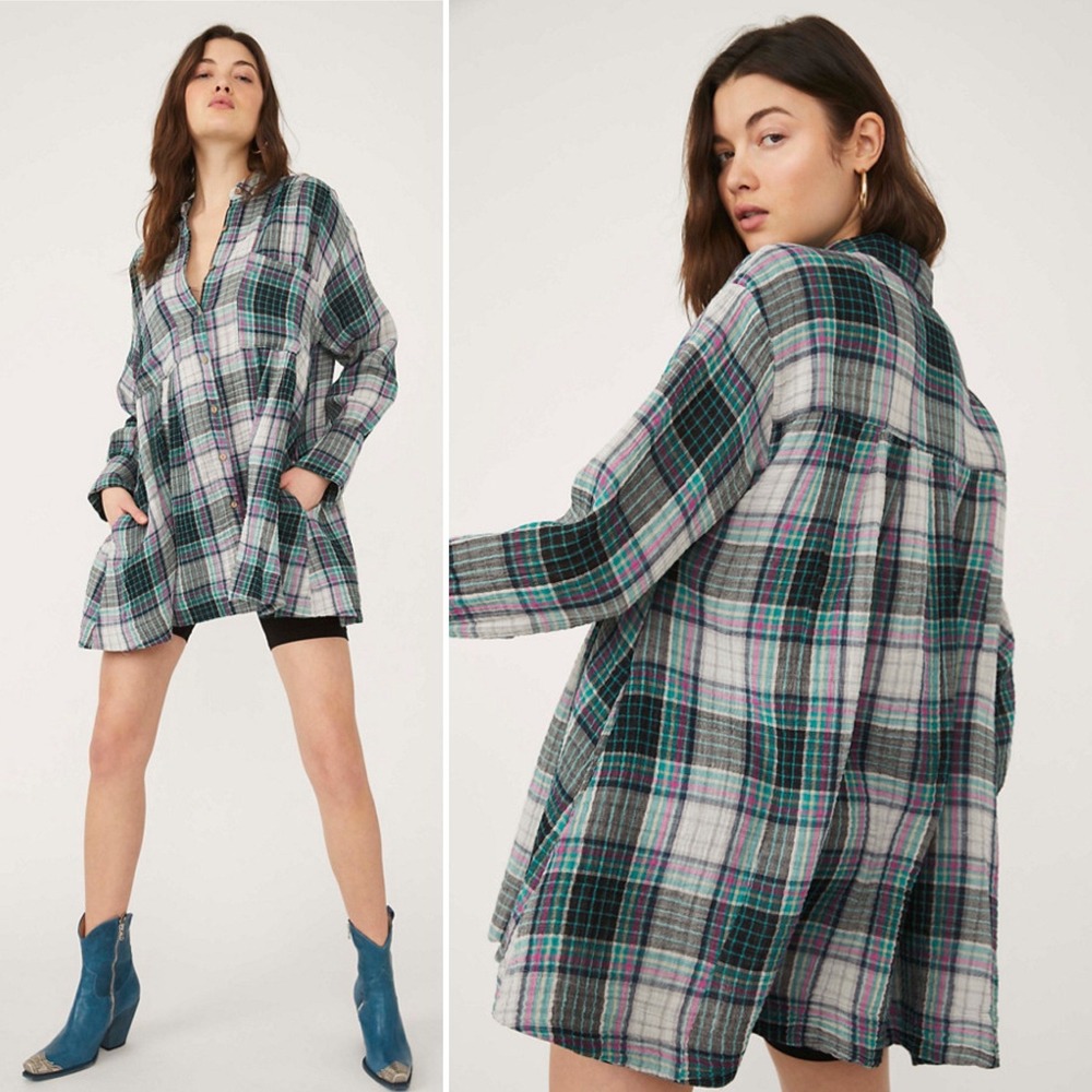 Free People Voyage Shirt Dress Small Plaid Oversized Cotton Gauze Tunic Top - Picture 2 of 13